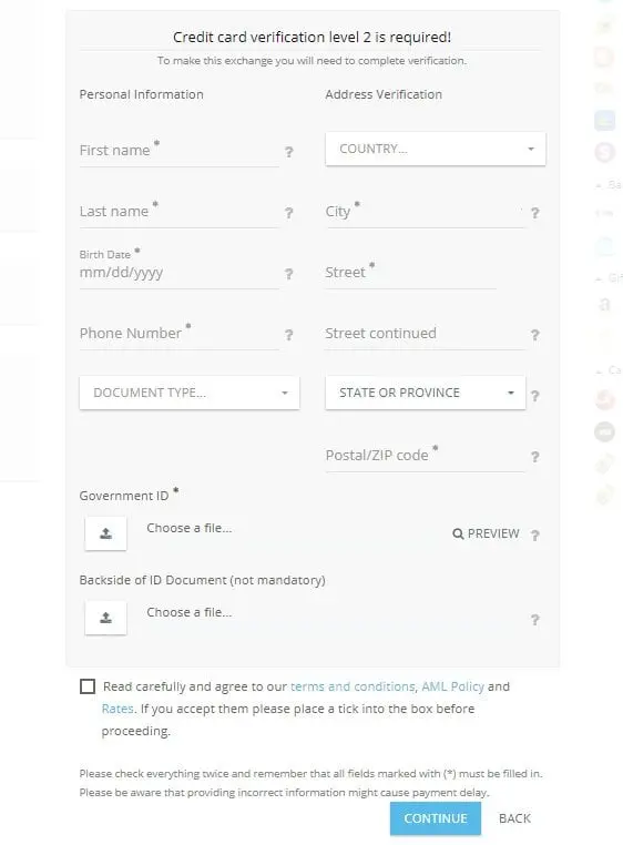 Paybis.com credit card verification form